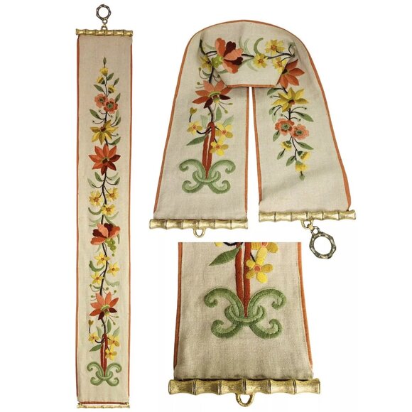 VTG Floral Crewel Embroidered Bell Pull Wall Hanging Tapestry 46x7 Brass Bamboo